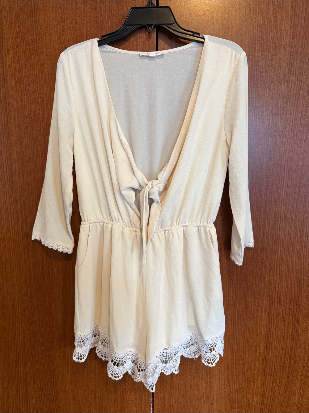 ILLA ILLA Cream Tie-Front Crochet-Hem Romper